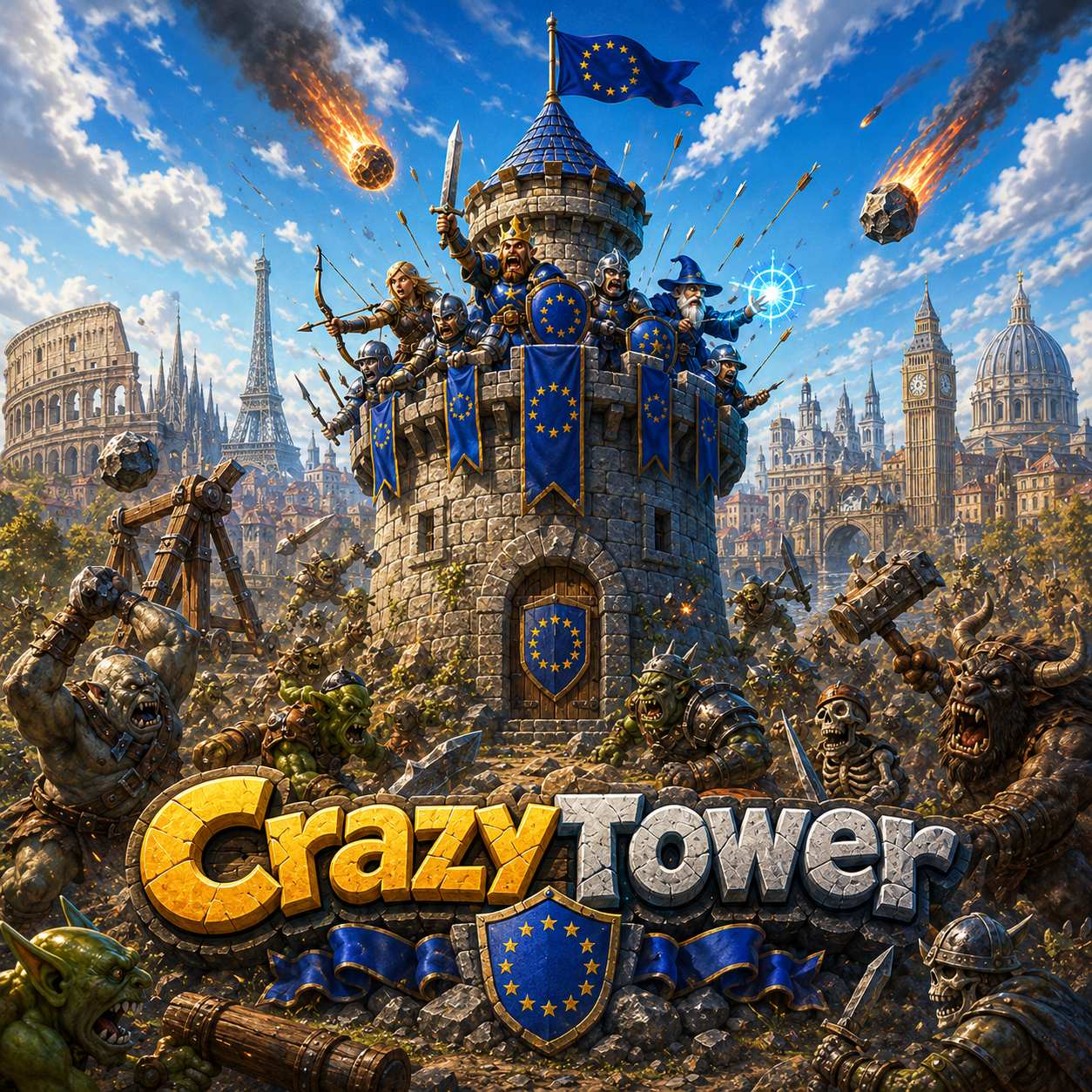 CrazyTower hero — defending the tower against a wave of monsters